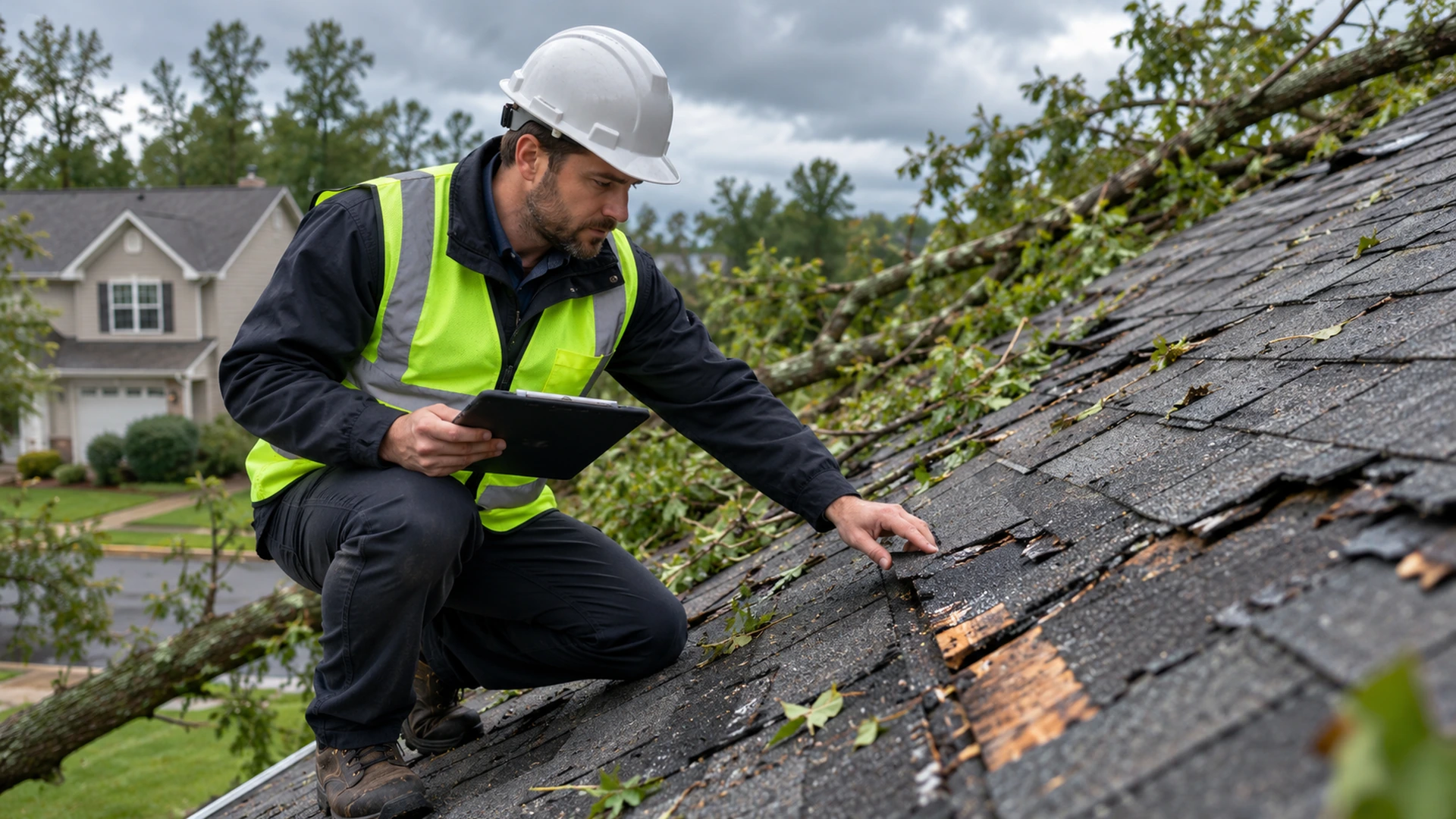 Professional roof inspector examining damaged shingles and fallen tree debris after a storm.
