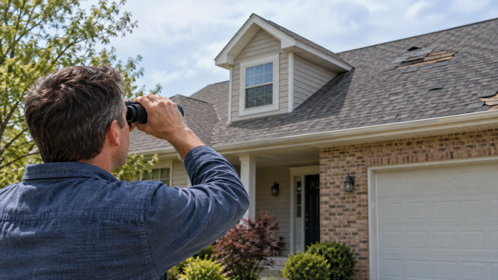 Homeowner using binoculars from the ground to inspect missing and damaged roof shingles after a storm.