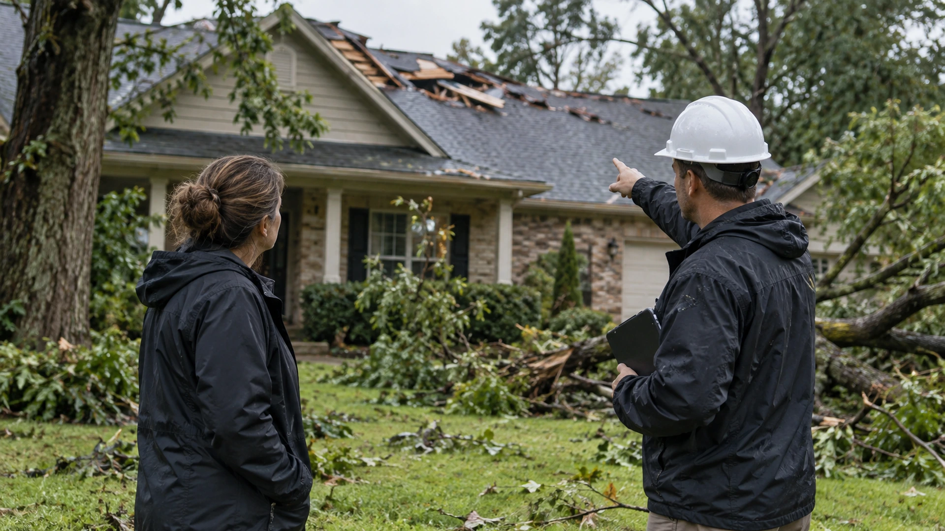 Homeowner and roofing professional inspecting storm damage from a safe distance after severe weather.