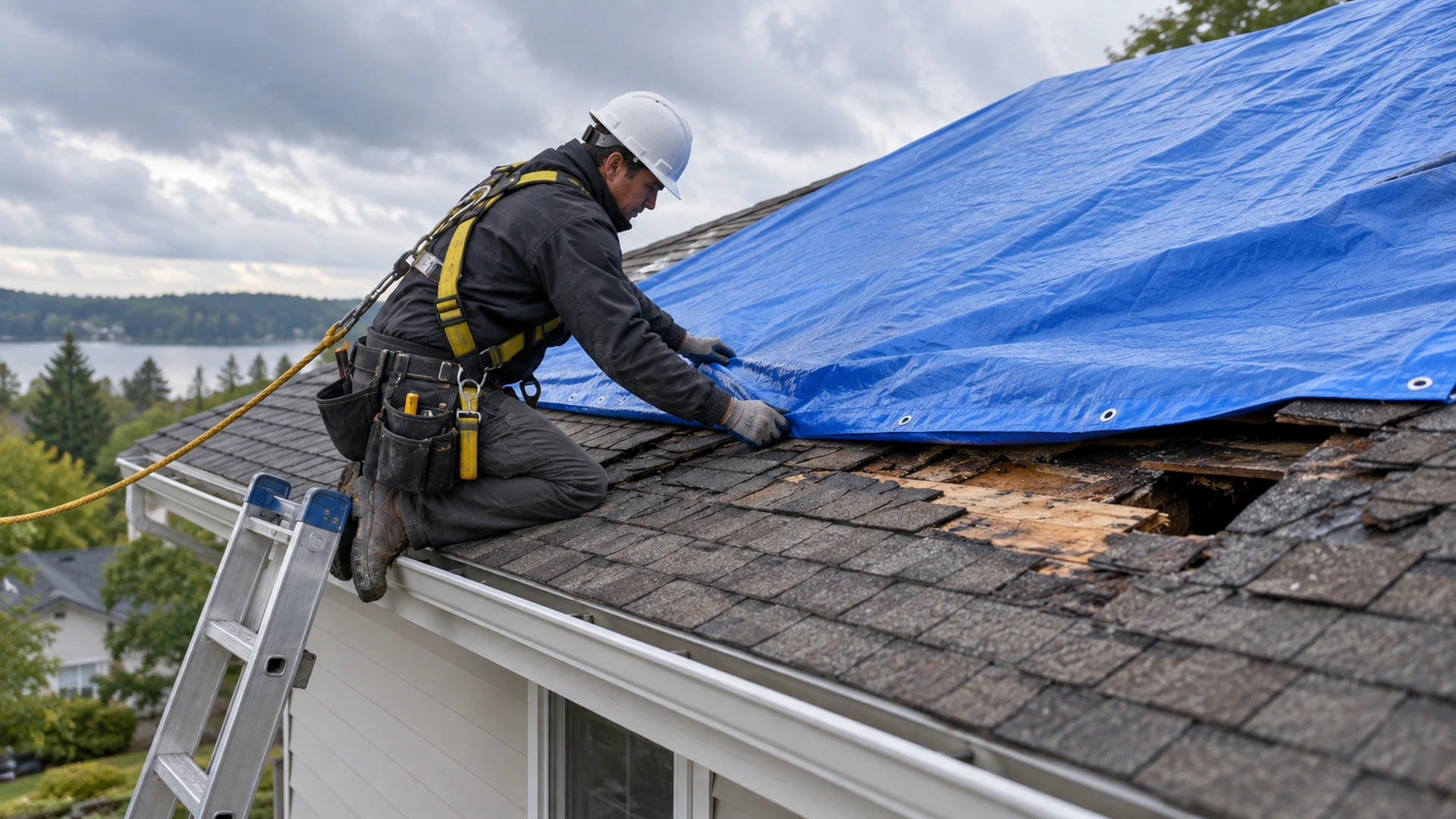 Professional roofer securing a blue tarp over a damaged roof to prevent further water intrusion.