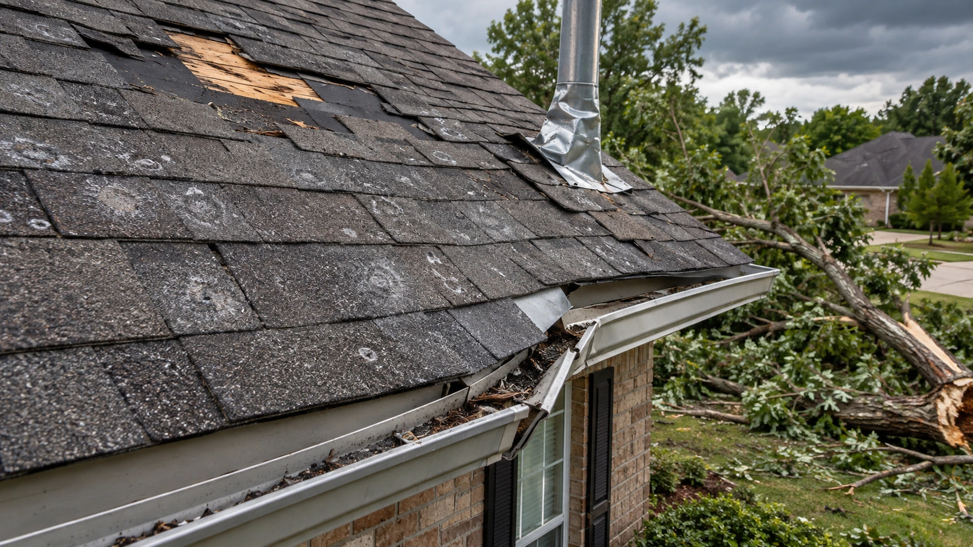 Storm-damaged roof showing missing shingles, hail marks, bent flashing, damaged gutter, and fallen branches.