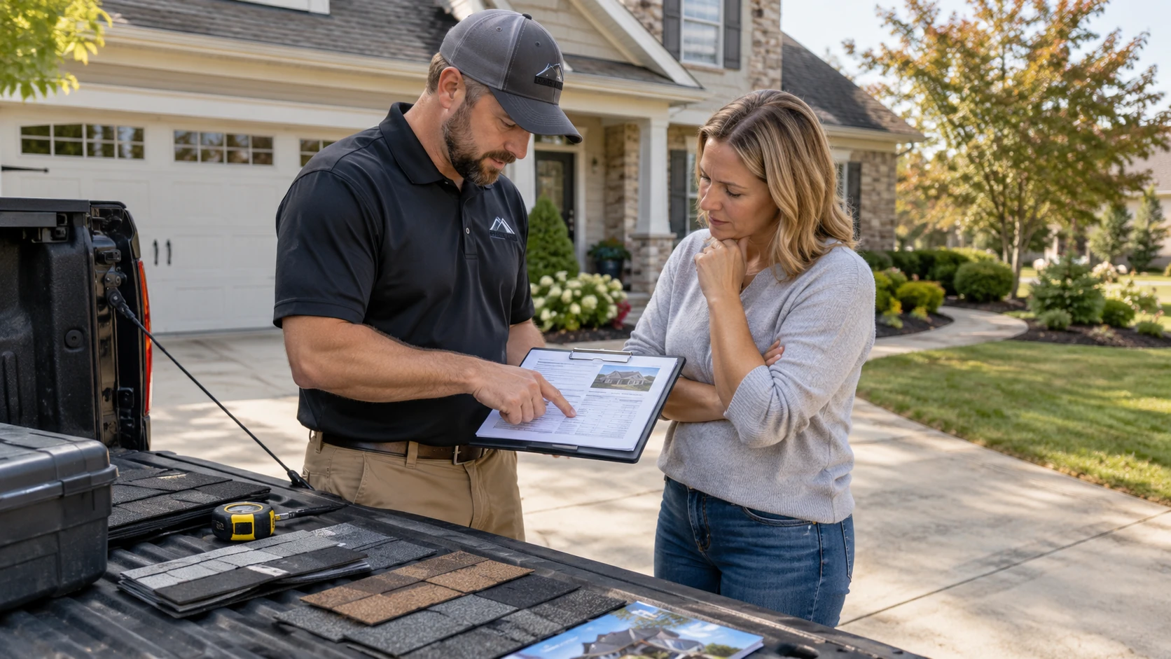 Roofing contractor reviewing a roof replacement estimate with a Charlotte homeowner